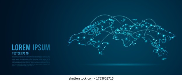 Abstract mash line and point scales on dark background with Map World. Wire Frame 3D mesh polygonal network line, design sphere, dot and structure. Vector illustration eps 10.