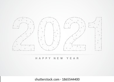 Resumen de la línea de máscaras y escalas de puntos sobre el fondo oscuro con el Feliz Año Nuevo 2021. Línea de red poligonal, esfera de diseño, punto y estructura de malla 3D del marco de alambre. Ilustración vectorial eps 10.