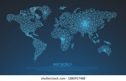 Abstract mash line and point scales on Blue dark background with map of the world. glowing blue 3D mesh polygonal network line, design sphere, dot, and structure. Vector illustration eps 10.