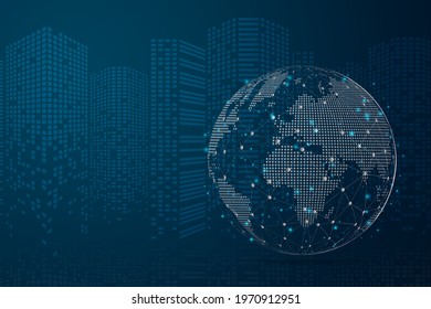 Abstract mash line and point scales on dark background with Map World representing the global . Wire frame 3D mesh polygonal network line, design sphere, dot and structure. Vector illustration eps 10.