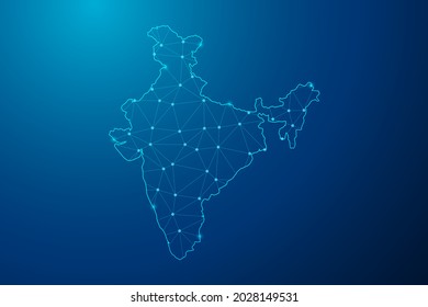Abstract mash line and point scales on dark background with map of India polygonal network line. Vector illustration eps 10.