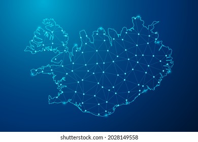 Abstract mash line and point scales on dark background with map of Iceland polygonal network line. Vector illustration eps 10.