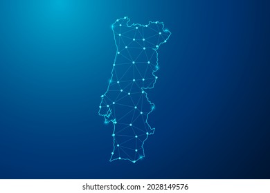 Abstract mash line and point scales on dark background with map of Portugal polygonal network line. Vector illustration eps 10.