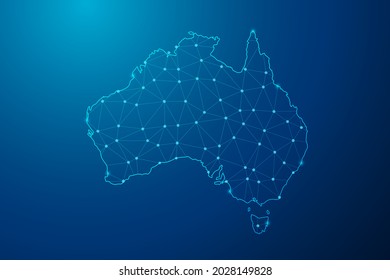 Abstract mash line and point scales on dark background with map of Australia polygonal network line. Vector illustration eps 10.