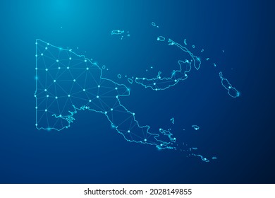 Resumen de líneas de purga y escalas de puntos sobre fondo oscuro con mapa de la línea de red poligonal de Papúa Nueva Guinea. Ilustración vectorial eps 10.