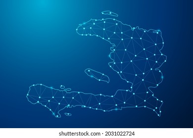 Abstract mash line and point scales on dark background with map of Haiti polygonal network line. Vector illustration eps 10.