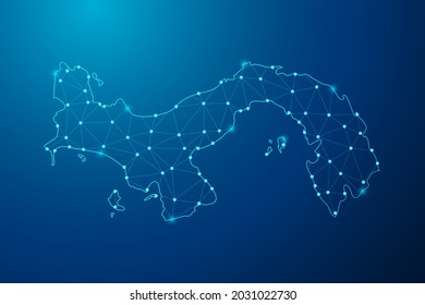 Abstract mash line and point scales on dark background with map of Panama polygonal network line. Vector illustration eps 10.