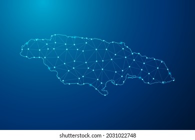 Abstract mash line and point scales on dark background with map of Jamaica polygonal network line. Vector illustration eps 10.