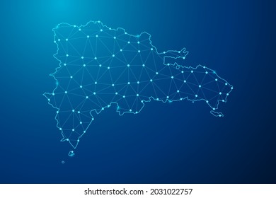 Abstract mash line and point scales on dark background with map of Dominican Republic polygonal network line. Vector illustration eps 10.