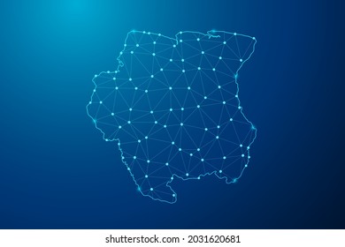Resumen de la línea de purga y las escalas de puntos en el fondo oscuro con el mapa de la línea de red poligonal de Surinam. Ilustración vectorial eps 10.