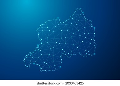 Abstrakte Mashlinie und Punktwaage auf dunklem Hintergrund mit Karte der polygonalen Netzlinie Ruandas. Vektorgrafik eps10.