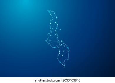 Resumen de la línea de máscaras y las escalas de puntos en el fondo oscuro con el mapa de la línea de red poligonal de Malawi. Ilustración vectorial eps 10.