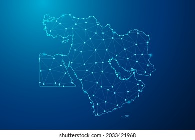 Abstrakte Mashlinie und Punktwaage auf dunklem Hintergrund mit Karte der polygonalen Nahostnetzlinie. Vektorgrafik eps10.