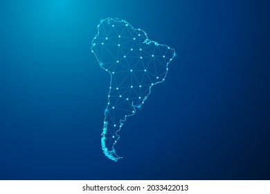 Abstract mash line and point scales on dark background with map of South America polygonal network line. Vector illustration eps 10.