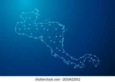 Abstract mash line and point scales on dark background with map of Central America polygonal network line. Vector illustration eps 10.