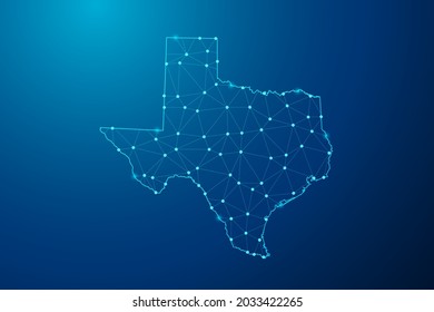 Abstrakte Mashlinie und Punktwaage auf dunklem Hintergrund mit Karte der polygonalen Netzlinie von Texas. Vektorgrafik eps10.