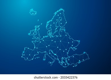 Resumen de la línea de mash y escalas de puntos sobre fondo oscuro con el mapa de la línea de red poligonal de Europa. Ilustración vectorial eps 10.