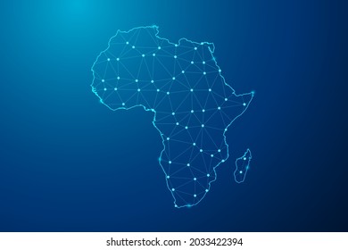 Resumen de la línea de máscaras y escalas de puntos sobre fondo oscuro con el mapa de la línea de red poligonal africana. Ilustración vectorial eps 10.