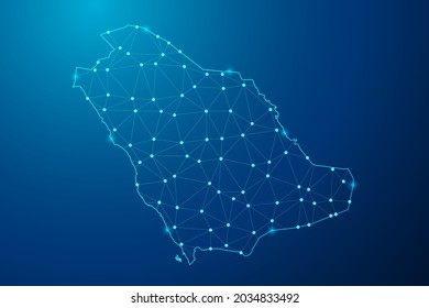 Abstract mash line and point scales on dark background with map of Saudi Arabia polygonal network line. Vector illustration eps 10.