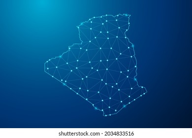 Abstract mash line and point scales on dark background with map of Algeria polygonal network line. Vector illustration eps 10.