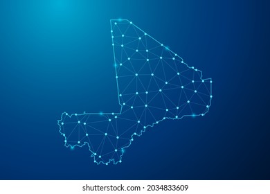 Resumen de la línea de mash y escalas de puntos en el fondo oscuro con el mapa de la línea de red poligonal de Mali. Ilustración vectorial eps 10.
