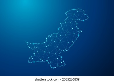 Abstract mash line and point scales on dark background with map of Pakistan polygonal network line. Vector illustration eps 10.