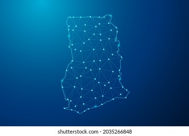 Abstract mash line and point scales on dark background with map of Ghana polygonal network line. Vector illustration eps 10.