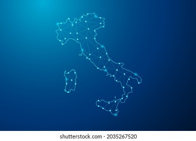 Abstract mash line and point scales on dark background with map of Italy polygonal network line. Vector illustration eps 10.