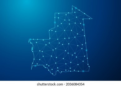 Abstract mash line and point scales on dark background with map of Mauritania polygonal network line. Vector illustration eps 10.