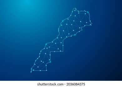 Abstract mash line and point scales on dark background with map of Morocco Western Sahara polygonal network line. Vector illustration eps 10.