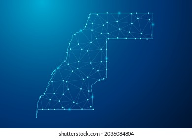 Abstract mash line and point scales on dark background with map of Western Sahara polygonal network line. Vector illustration eps 10.