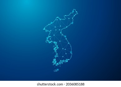 Abstract mash line and point scales on dark background with map of Korea polygonal network line. Vector illustration eps 10.