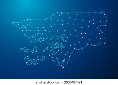 Resumen de líneas de purga y escalas de puntos sobre fondo oscuro con mapa de la línea de red poligonal de Guinea Bissau. Ilustración vectorial eps 10.