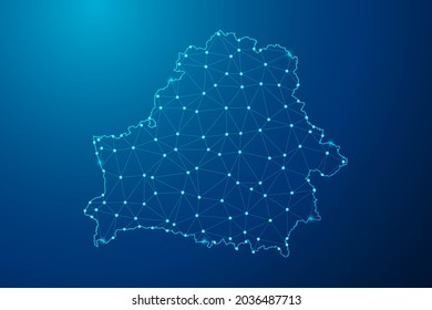 Abstract mash line and point scales on dark background with map of Belarus polygonal network line. Vector illustration eps 10.