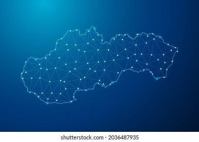 Abstract mash line and point scales on dark background with map of Slovakia polygonal network line. Vector illustration eps 10.