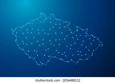 Resumen de la línea de purga y las escalas de puntos en el fondo oscuro con el mapa de la línea de red poligonal de la República Checa. Ilustración vectorial eps 10.