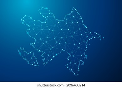Abstract mash line and point scales on dark background with map of Azerbaijan polygonal network line. Vector illustration eps 10.