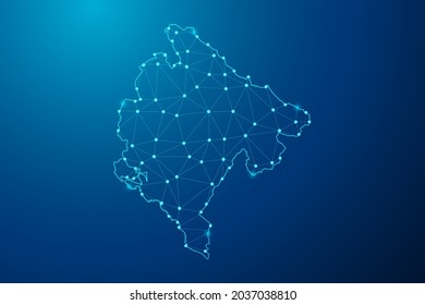 Abstract mash line and point scales on dark background with map of Montenegro polygonal network line. Vector illustration eps 10.