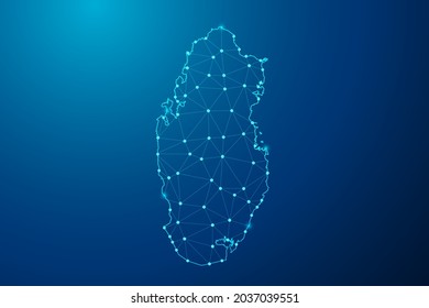 Abstract mash line and point scales on dark background with map of Qatar polygonal network line. Vector illustration eps 10.