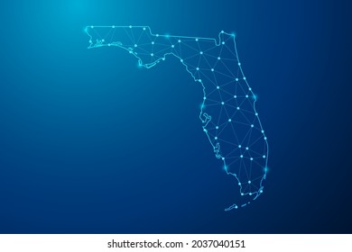 Abstract mash line and point scales on dark background with map of Florida polygonal network line. Vector illustration eps 10.