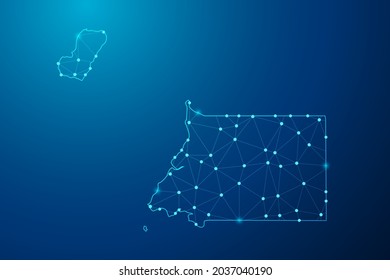 Abstract mash line and point scales on dark background with map of Equatorial Guinea polygonal network line. Vector illustration eps 10.