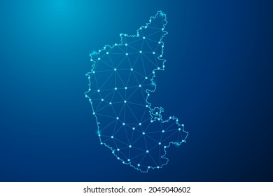 Resumen de la línea de máscaras y escalas de puntos en el fondo oscuro con el mapa de la línea de red poligonal Karnataka. Ilustración vectorial eps 10.