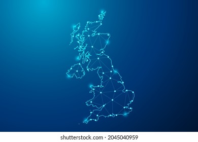 Abstract mash line and point scales on dark background with map of United Kingdom (UK) polygonal network line. Vector illustration eps 10.