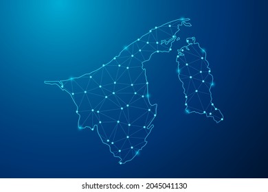 Abstract mash line and point scales on dark background with map of Brunei polygonal network line. Vector illustration eps 10.