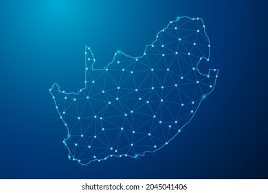 Resumen de la línea de máscaras y escalas de puntos en el fondo oscuro con el mapa de la línea de red poligonal de Sudáfrica. Ilustración vectorial eps 10.