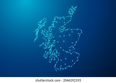 Abstract mash line and point scales on dark background with map of Scotland polygonal network line. Vector illustration eps 10.