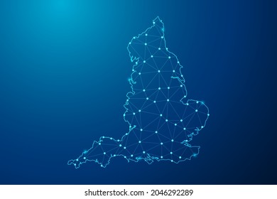Abstract mash line and point scales on dark background with map of England polygonal network line. Vector illustration eps 10.