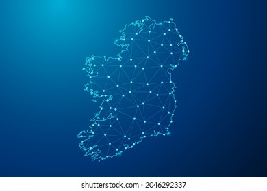 Abstract mash line and point scales on dark background with map of Ireland polygonal network line. Vector illustration eps 10.