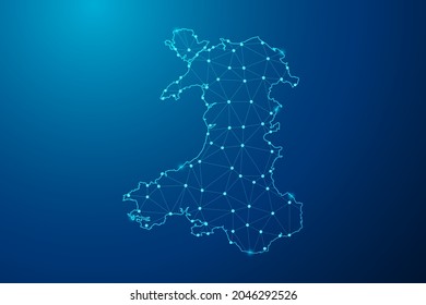 Abstract mash line and point scales on dark background with map of Wales polygonal network line. Vector illustration eps 10.