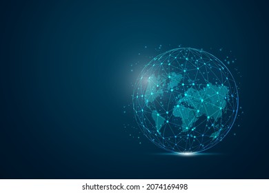 Resumen de la línea de máscaras y las escalas de puntos en el fondo oscuro con Map World representando al global . Línea de red poligonal, esfera de diseño, punto y estructura de malla 3D del marco de alambre. Ilustración vectorial eps 10.